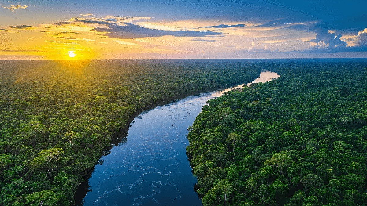 Rio cortando a floresta ao amanhecer, com névoa sobre a água