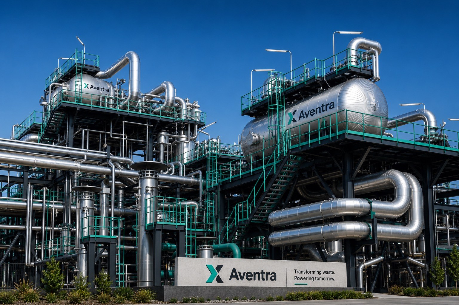 Planta industrial de processo, com tubulação e estruturas metálicas