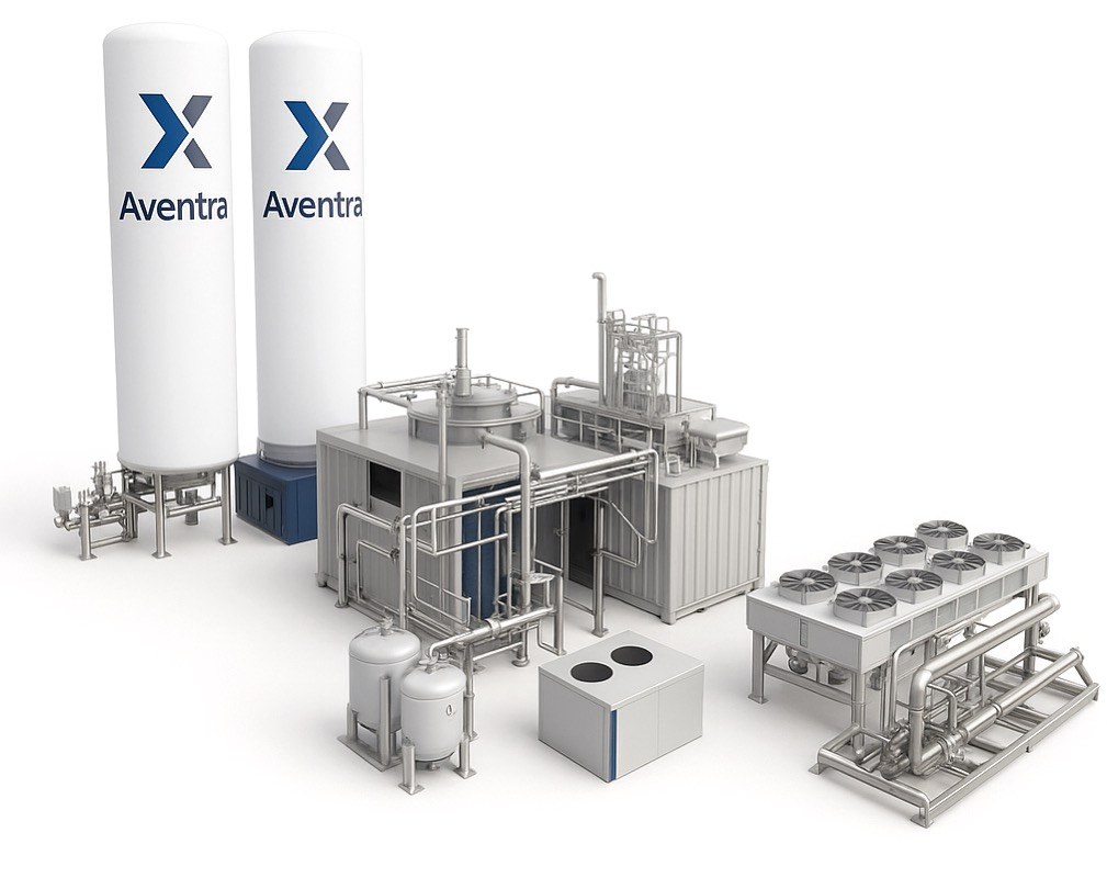 Render de unidade modular de captura de CO₂ sobre fundo claro